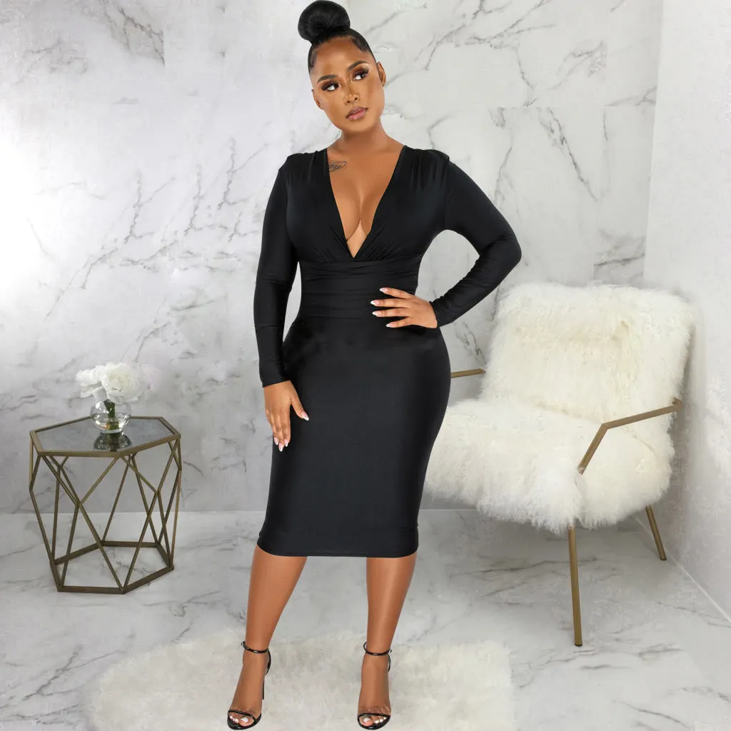 Glamorous Shiny Long-Sleeve V-Neck Bodycon Dress for Effortless Sophistication