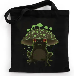 Glowing Frog Black Canvas Tote Bag Gifts for Women Men Frog Lover, Cool Cotton Shoulder Bag for Shopping, Aesthetic Gifts for Thanksgiving Birthday Mother's Day