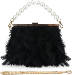 GOKTOW Feather Clutches Purses for Women Bag，Pearl Fluffy Evening Handbags for Wedding Anniversary Party
