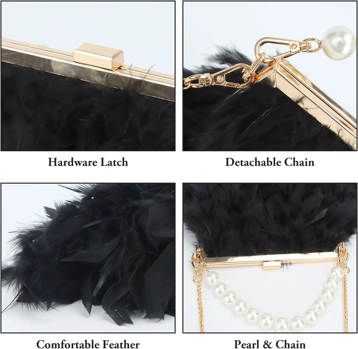 GOKTOW Feather Clutches Purses for Women Bag，Pearl Fluffy Evening Handbags for Wedding Anniversary Party