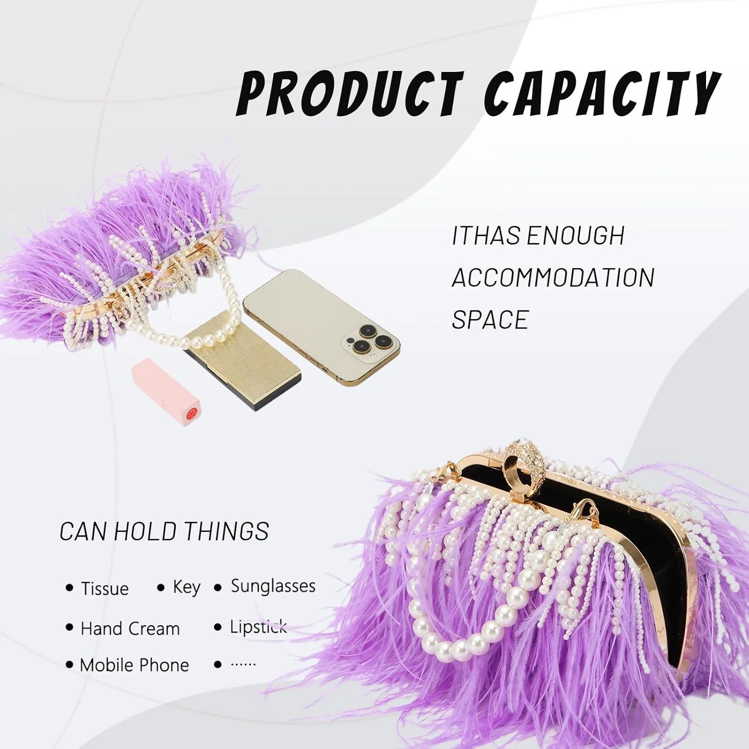 GOKTOW Feather Clutches Purses for Women Bag，Pearl Fluffy Evening Handbags for Wedding Anniversary Party
