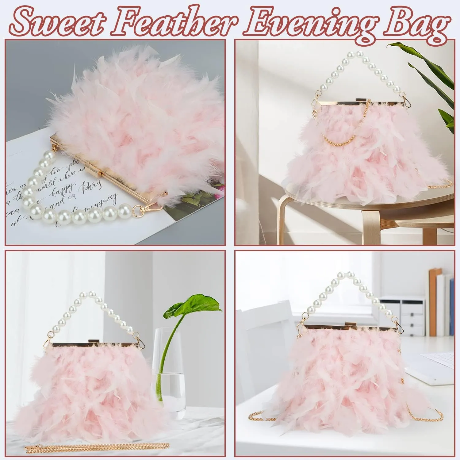GOKTOW Feather Clutches Purses for Women Bag，Pearl Fluffy Evening Handbags for Wedding Anniversary Party