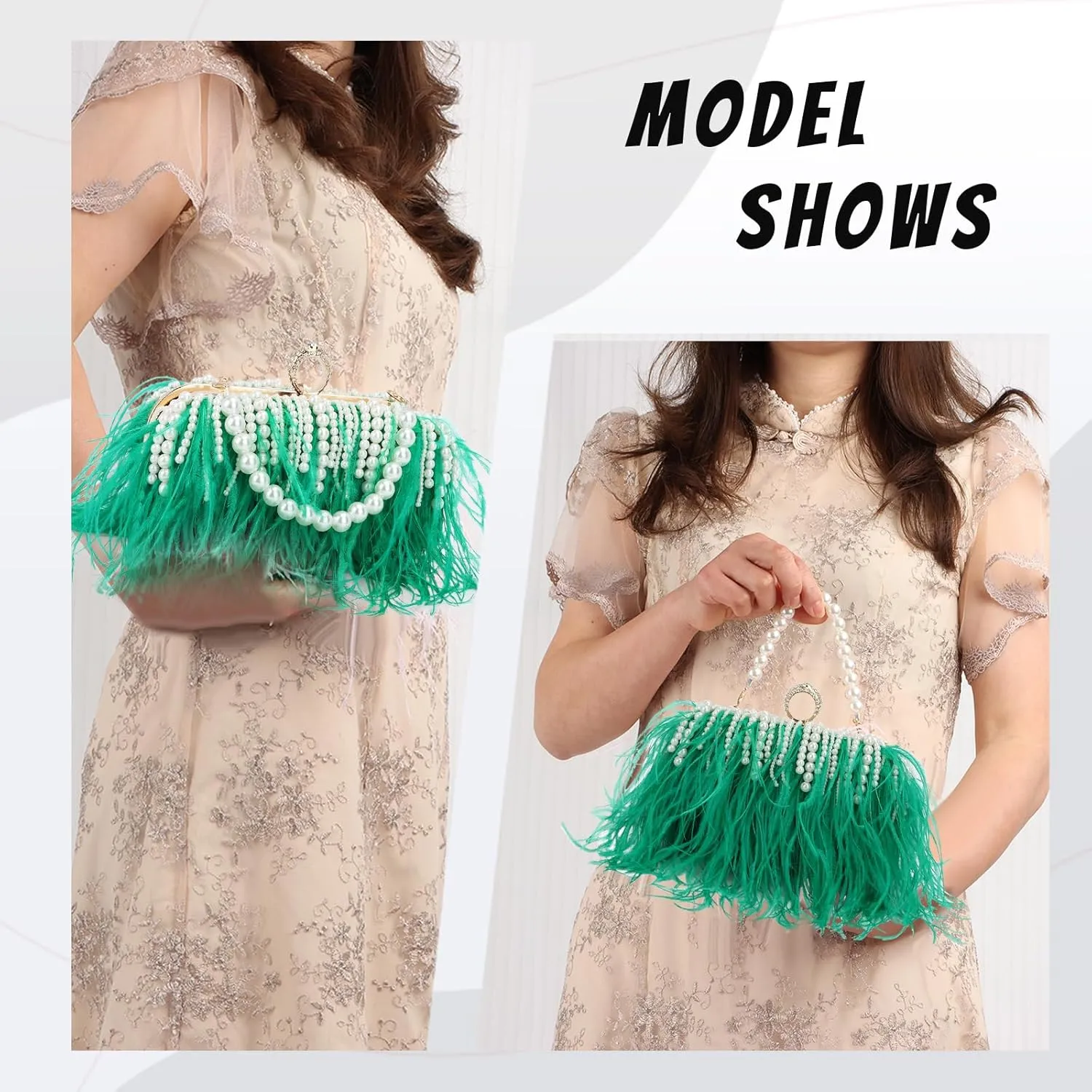 GOKTOW Feather Clutches Purses for Women Bag，Pearl Fluffy Evening Handbags for Wedding Anniversary Party
