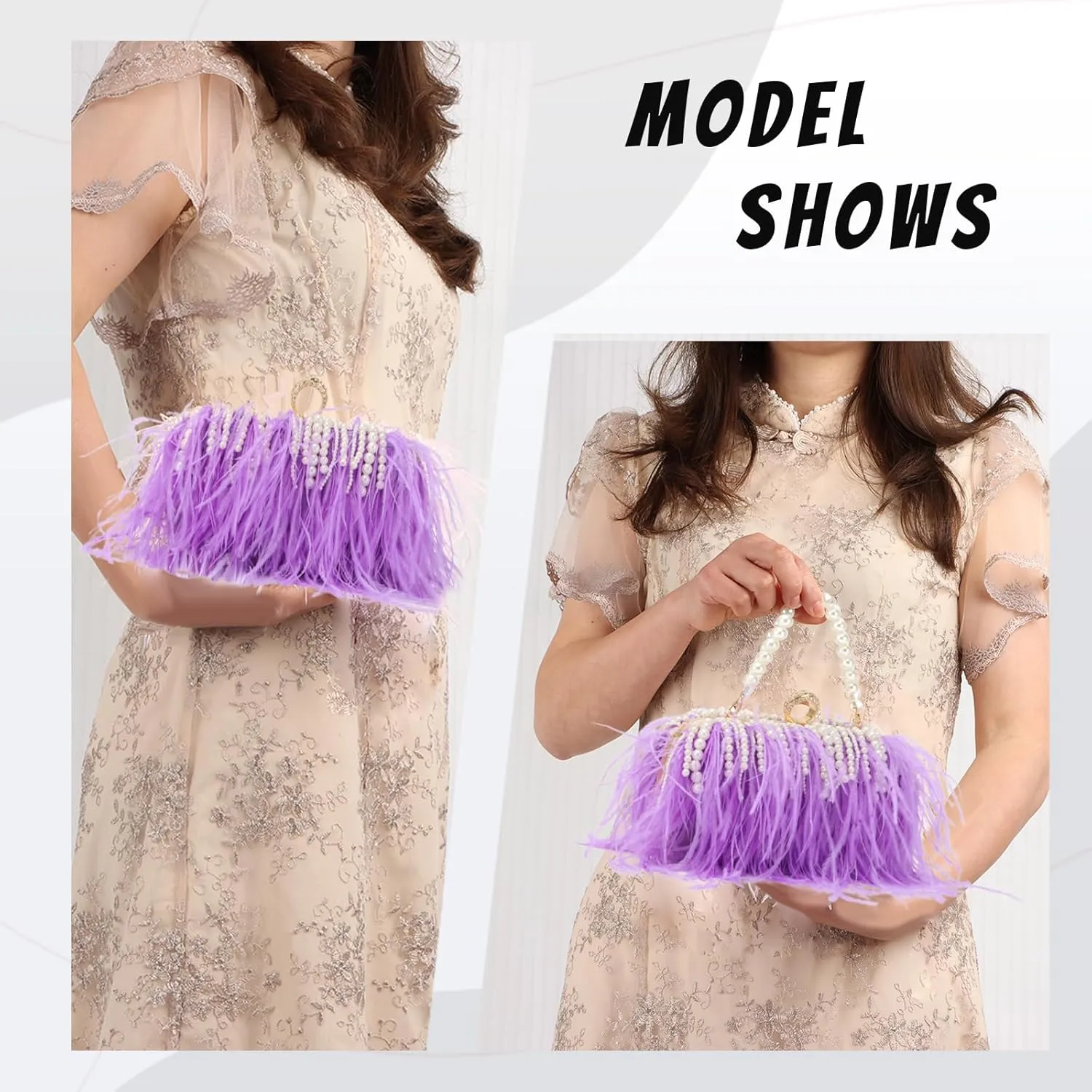 GOKTOW Feather Clutches Purses for Women Bag，Pearl Fluffy Evening Handbags for Wedding Anniversary Party