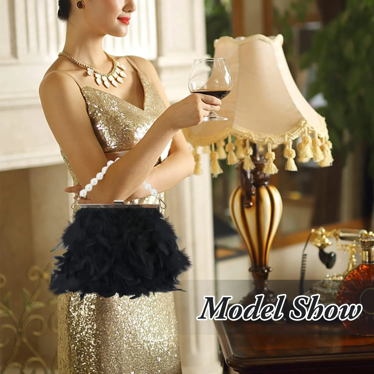 GOKTOW Feather Clutches Purses for Women Bag，Pearl Fluffy Evening Handbags for Wedding Anniversary Party