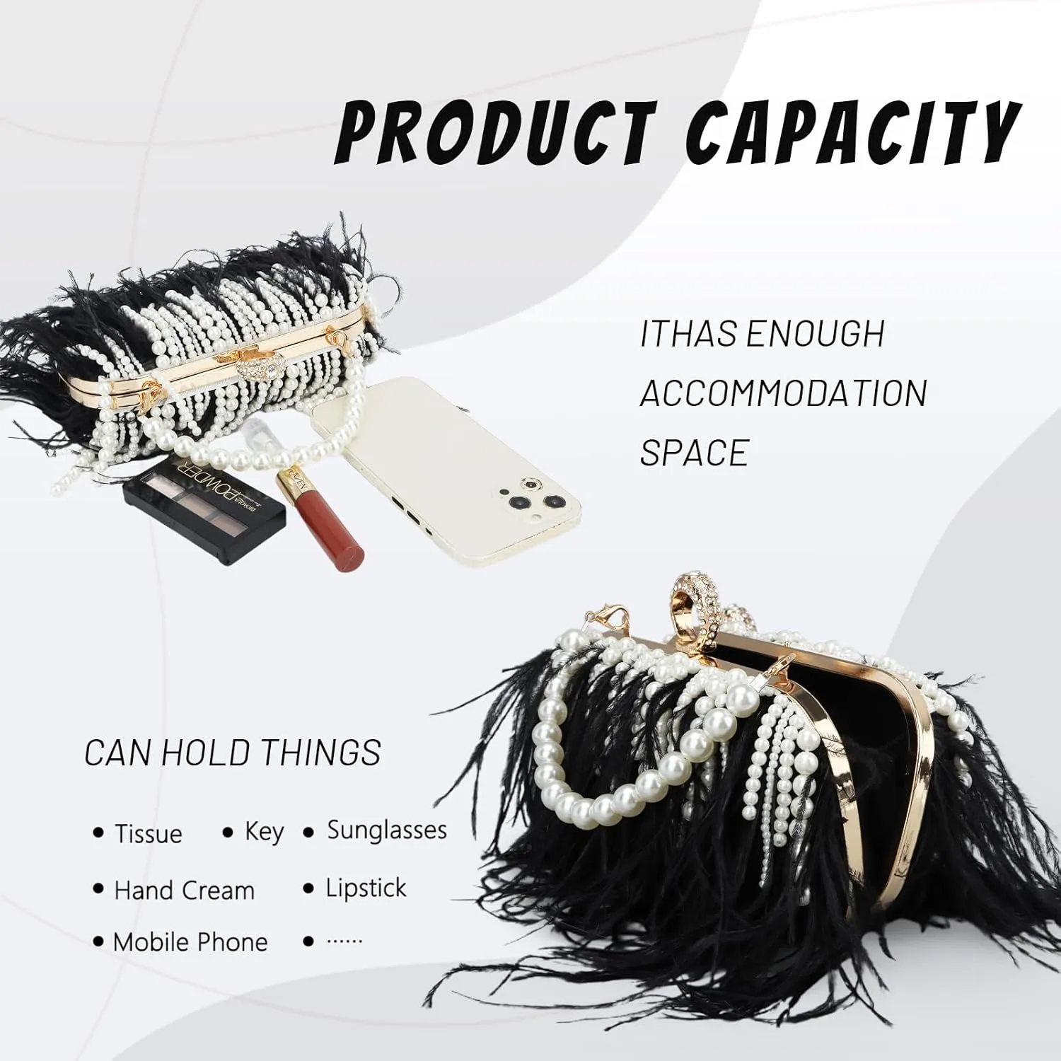 GOKTOW Feather Clutches Purses for Women Bag，Pearl Fluffy Evening Handbags for Wedding Anniversary Party