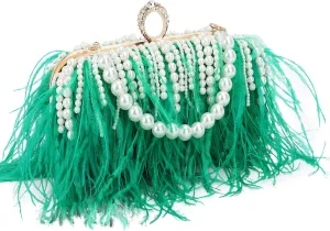 GOKTOW Feather Clutches Purses for Women Bag，Pearl Fluffy Evening Handbags for Wedding Anniversary Party