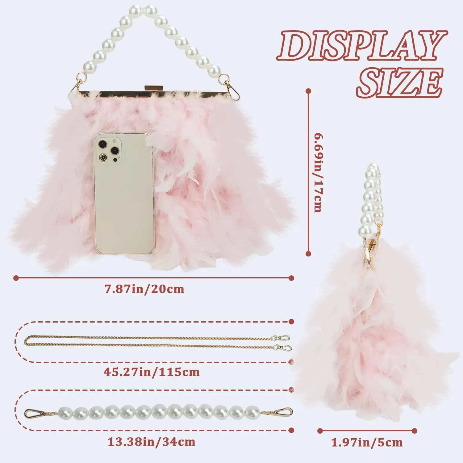 GOKTOW Feather Clutches Purses for Women Bag，Pearl Fluffy Evening Handbags for Wedding Anniversary Party