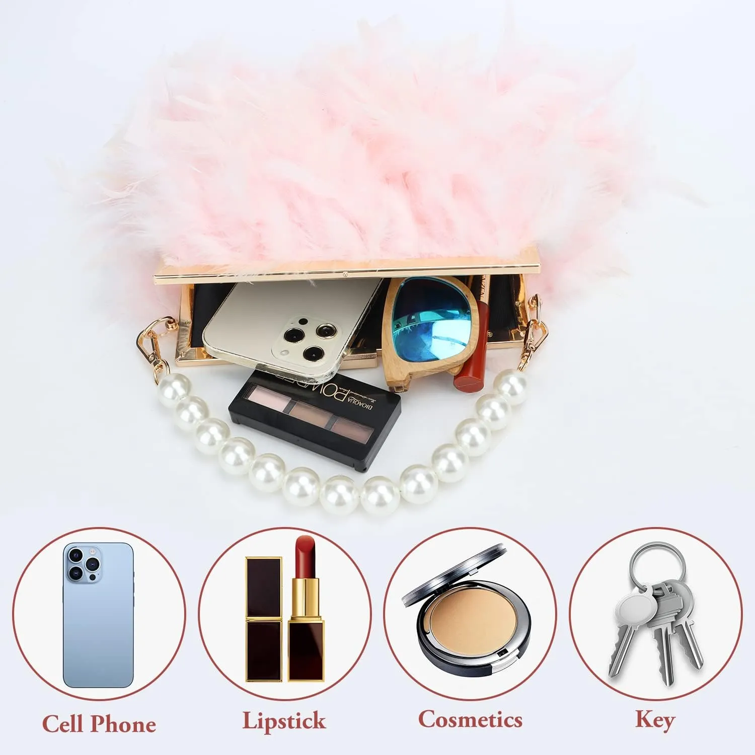 GOKTOW Feather Clutches Purses for Women Bag，Pearl Fluffy Evening Handbags for Wedding Anniversary Party