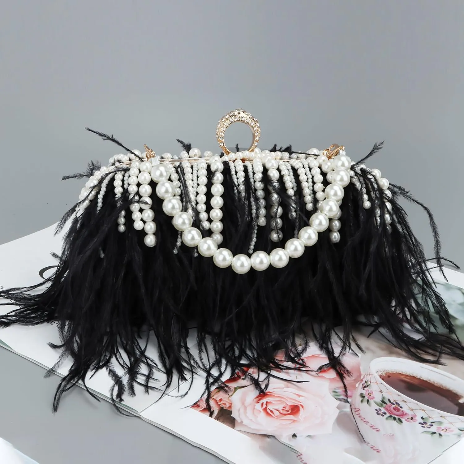 GOKTOW Feather Clutches Purses for Women Bag，Pearl Fluffy Evening Handbags for Wedding Anniversary Party