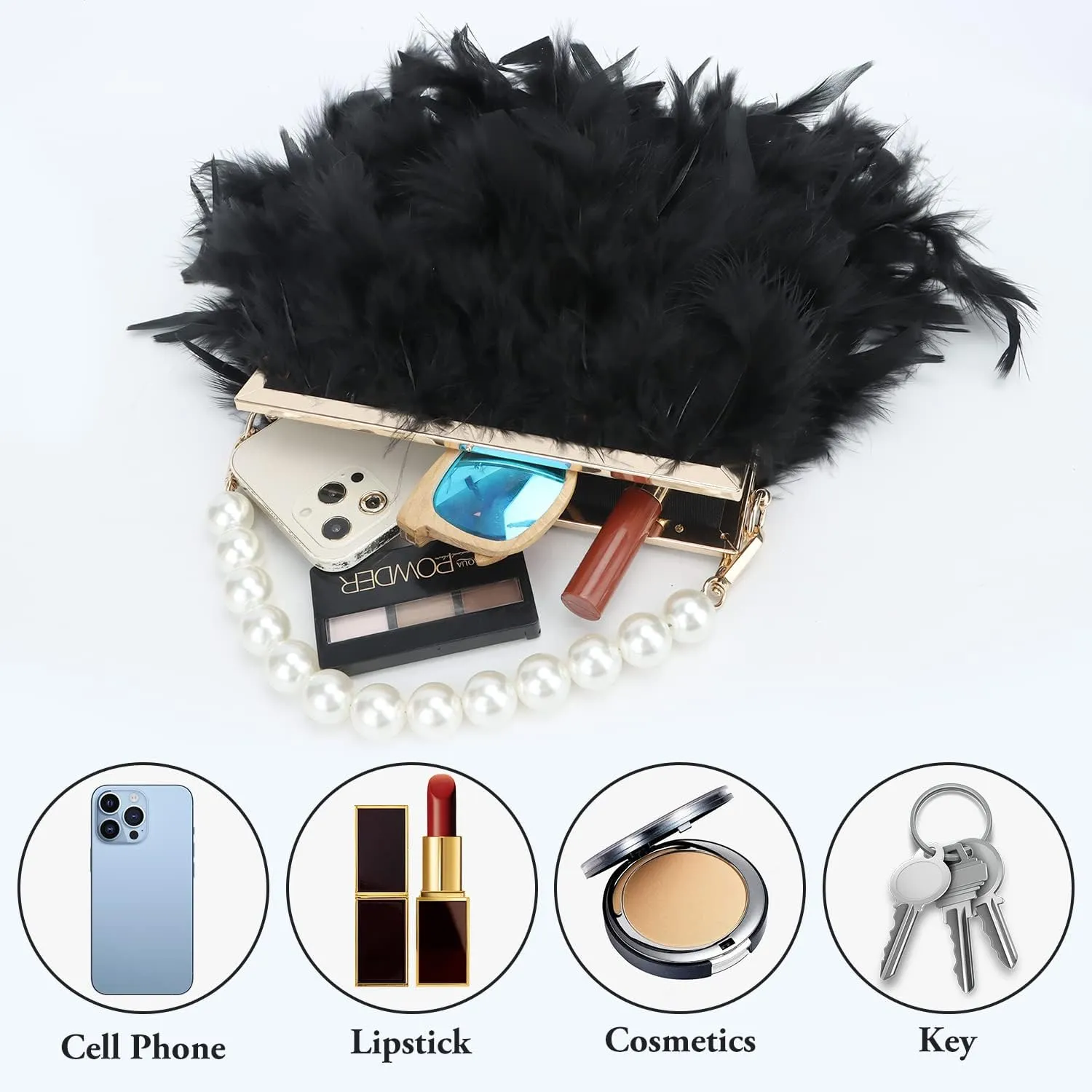 GOKTOW Feather Clutches Purses for Women Bag，Pearl Fluffy Evening Handbags for Wedding Anniversary Party