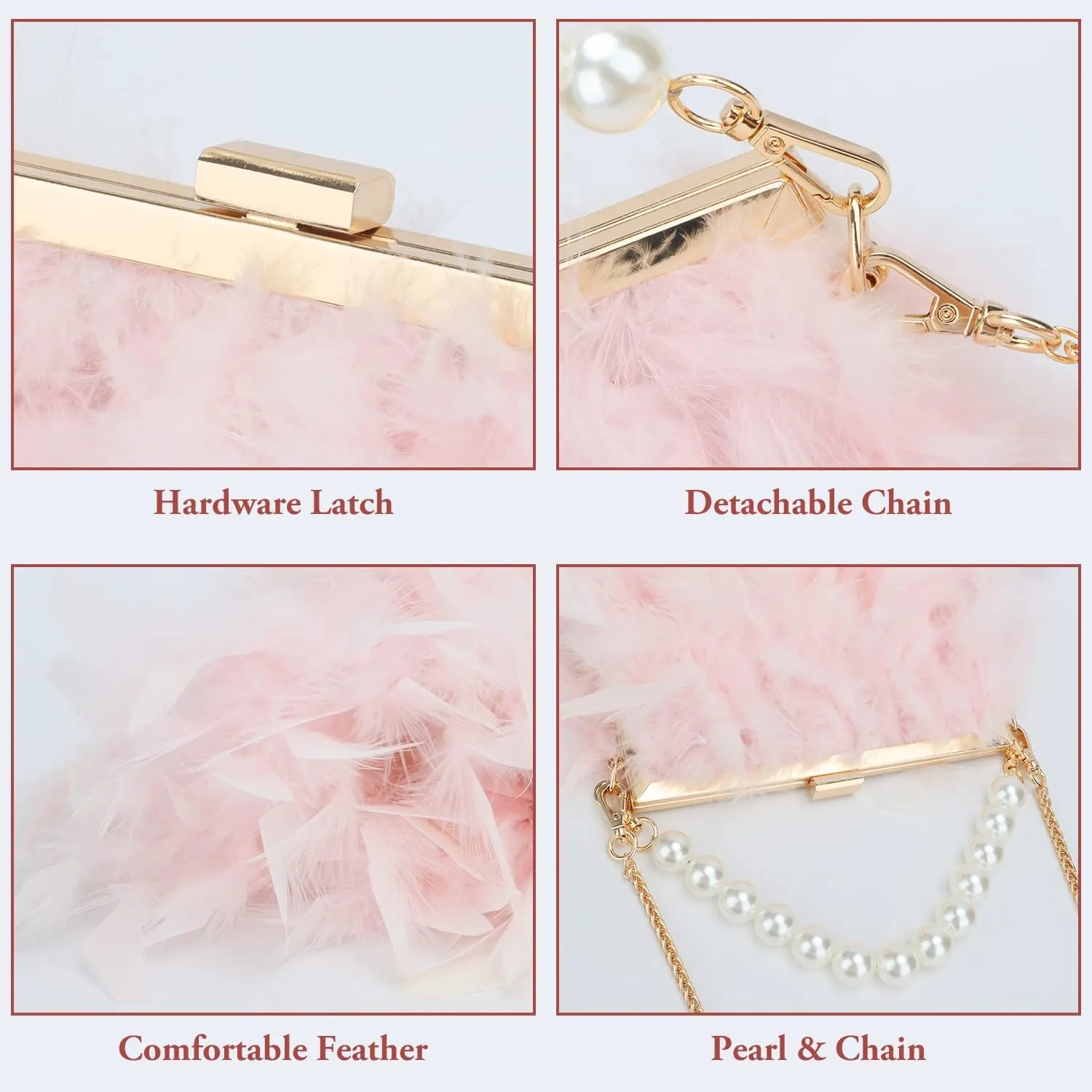 GOKTOW Feather Clutches Purses for Women Bag，Pearl Fluffy Evening Handbags for Wedding Anniversary Party