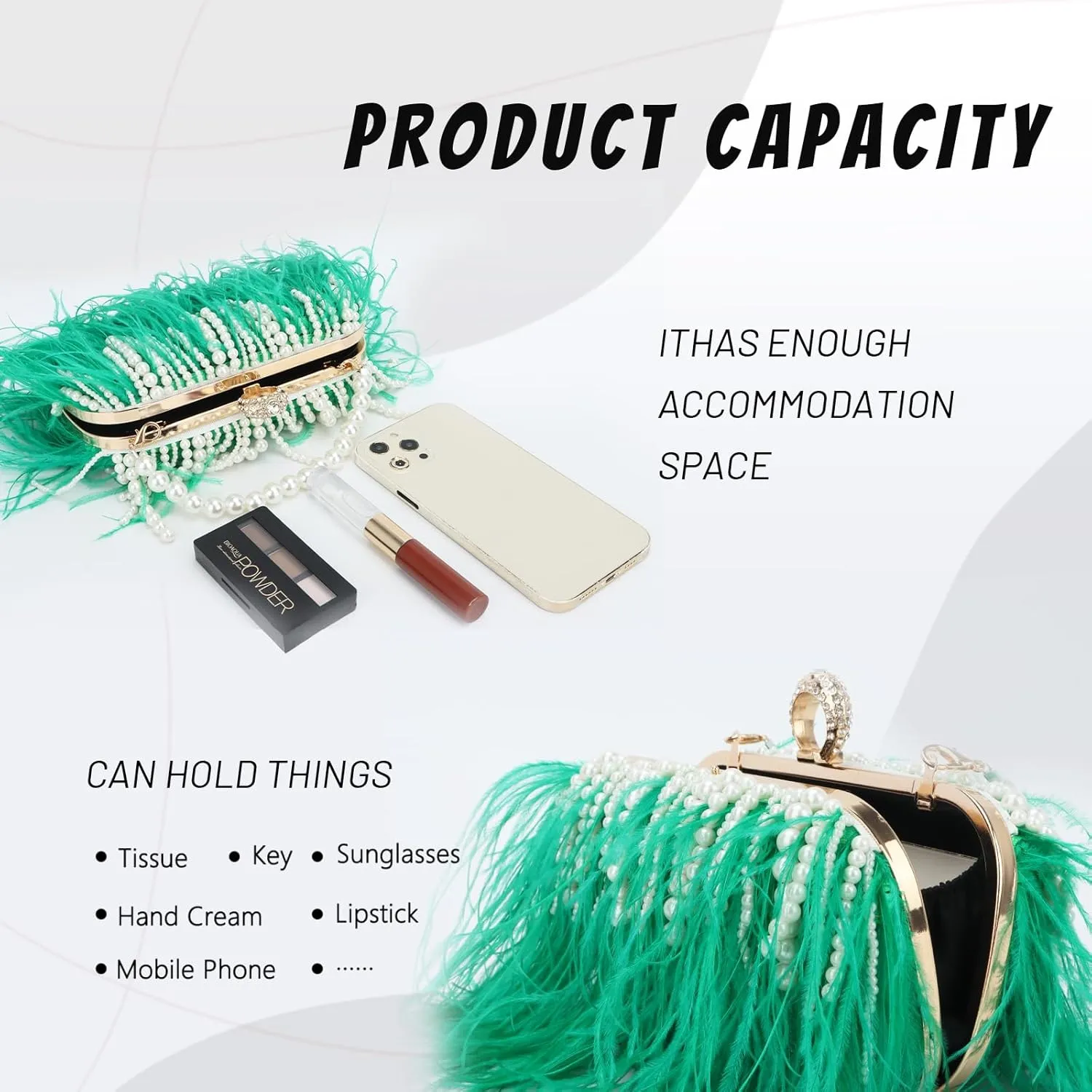 GOKTOW Feather Clutches Purses for Women Bag，Pearl Fluffy Evening Handbags for Wedding Anniversary Party