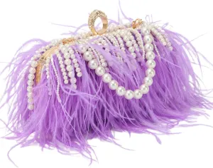 GOKTOW Feather Clutches Purses for Women Bag，Pearl Fluffy Evening Handbags for Wedding Anniversary Party