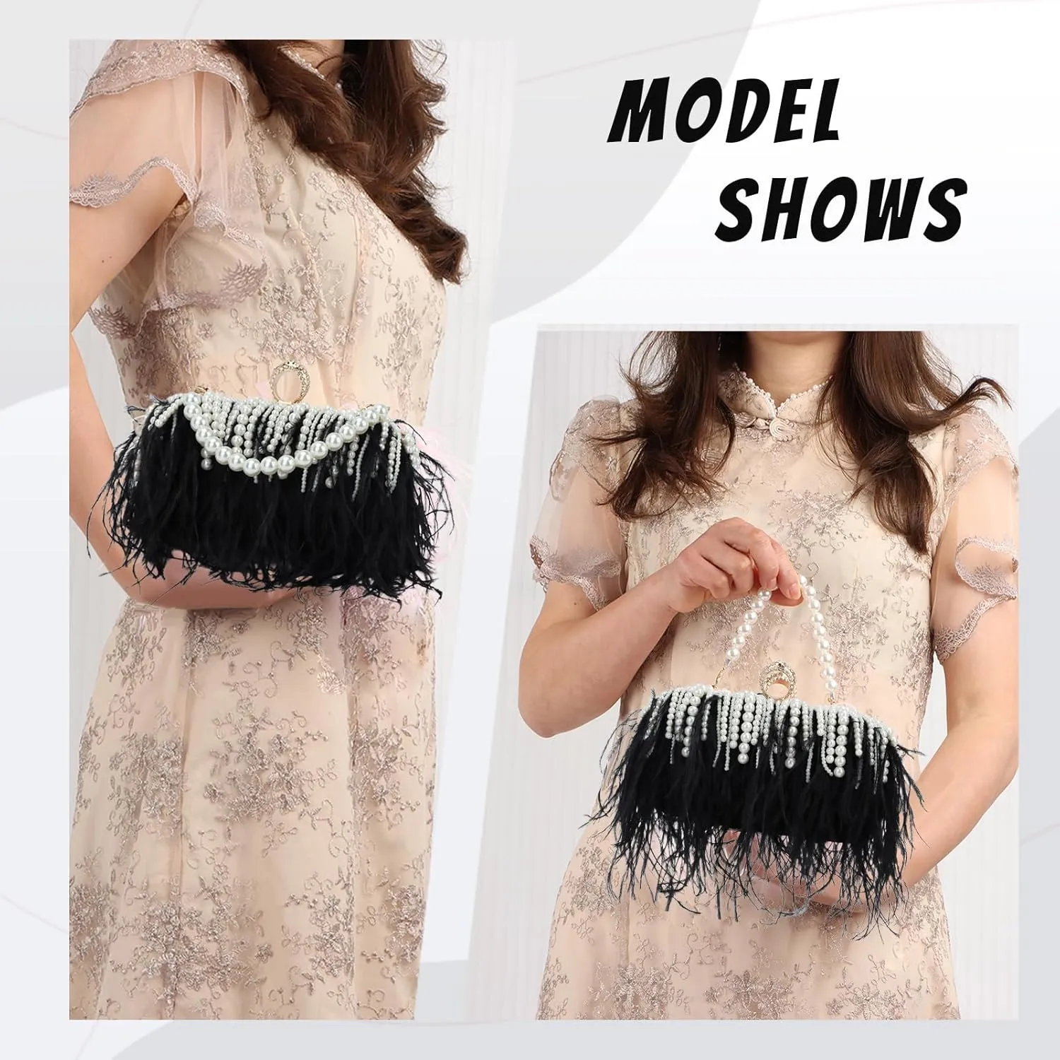 GOKTOW Feather Clutches Purses for Women Bag，Pearl Fluffy Evening Handbags for Wedding Anniversary Party