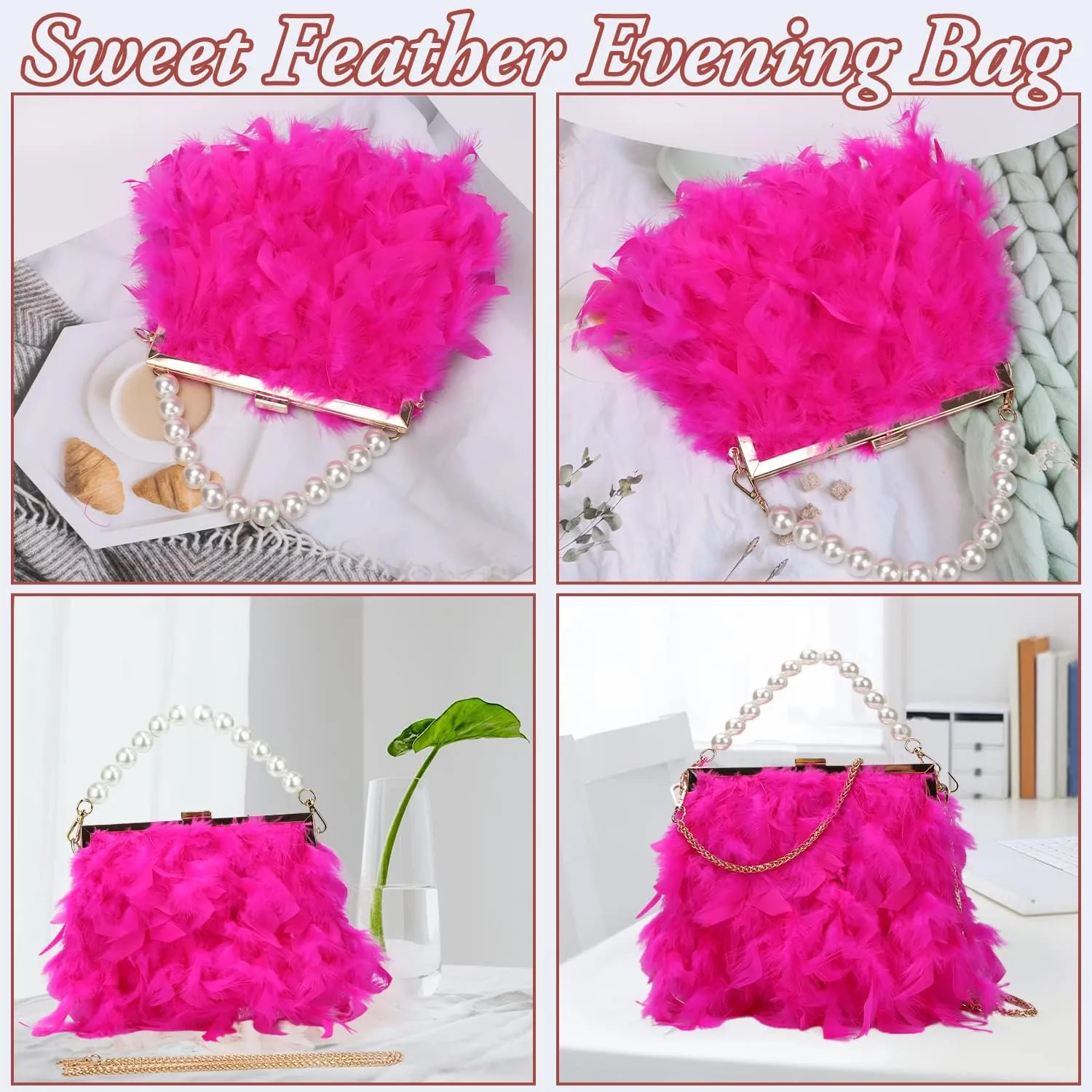 GOKTOW Feather Clutches Purses for Women Bag，Pearl Fluffy Evening Handbags for Wedding Anniversary Party
