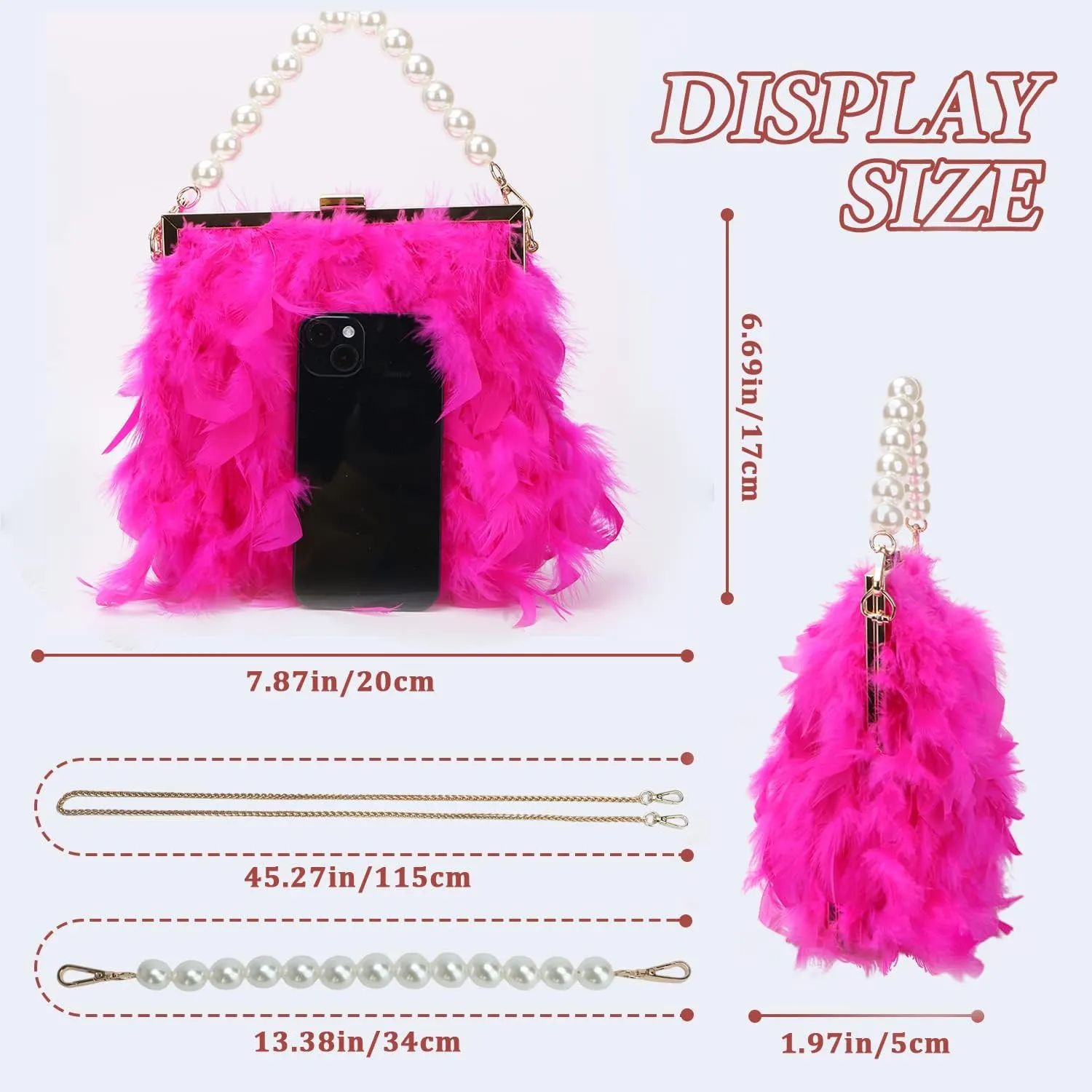 GOKTOW Feather Clutches Purses for Women Bag，Pearl Fluffy Evening Handbags for Wedding Anniversary Party