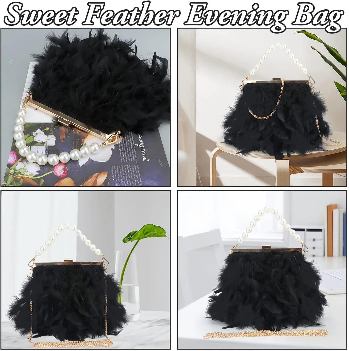 GOKTOW Feather Clutches Purses for Women Bag，Pearl Fluffy Evening Handbags for Wedding Anniversary Party