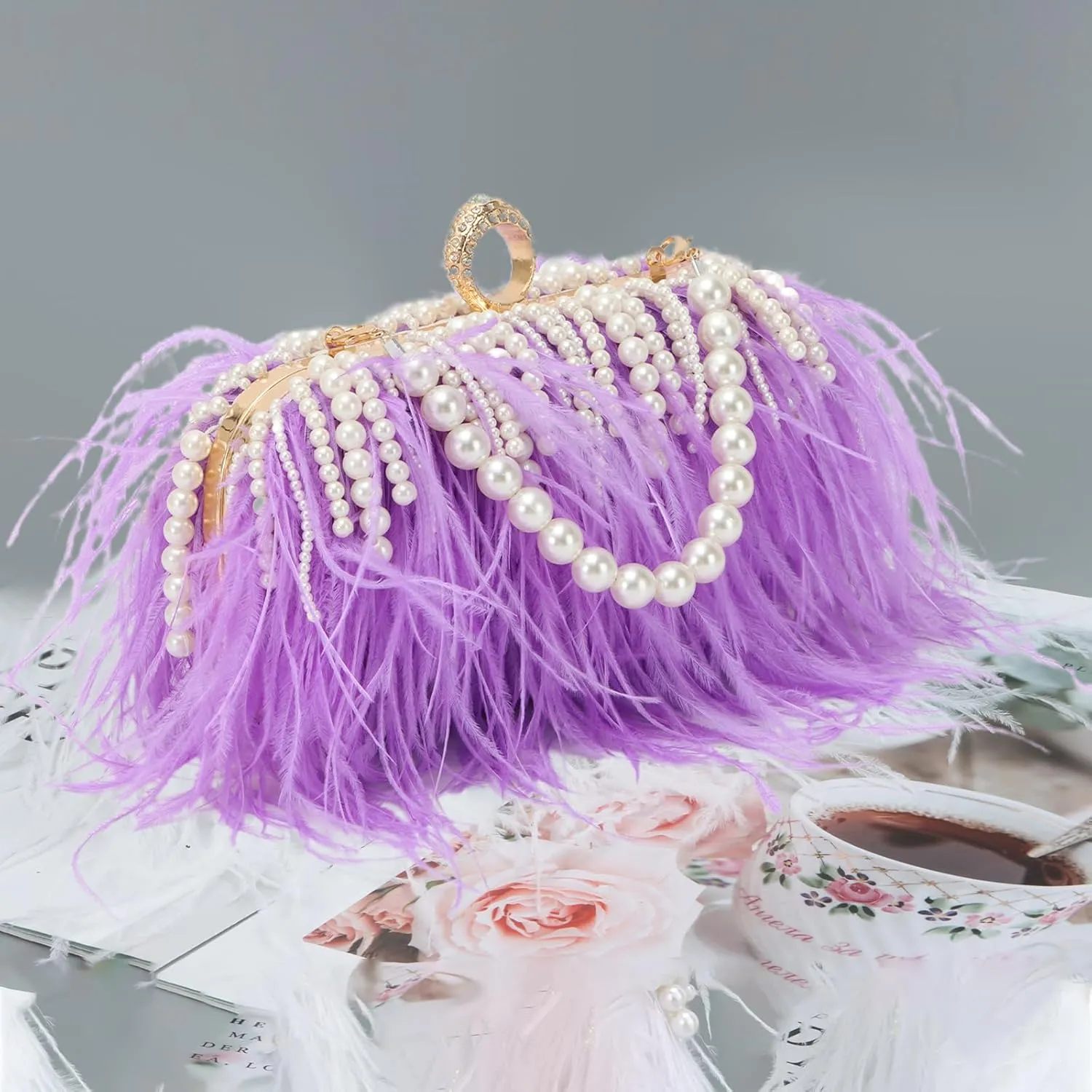 GOKTOW Feather Clutches Purses for Women Bag，Pearl Fluffy Evening Handbags for Wedding Anniversary Party