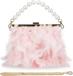 GOKTOW Feather Clutches Purses for Women Bag，Pearl Fluffy Evening Handbags for Wedding Anniversary Party