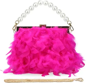 GOKTOW Feather Clutches Purses for Women Bag，Pearl Fluffy Evening Handbags for Wedding Anniversary Party
