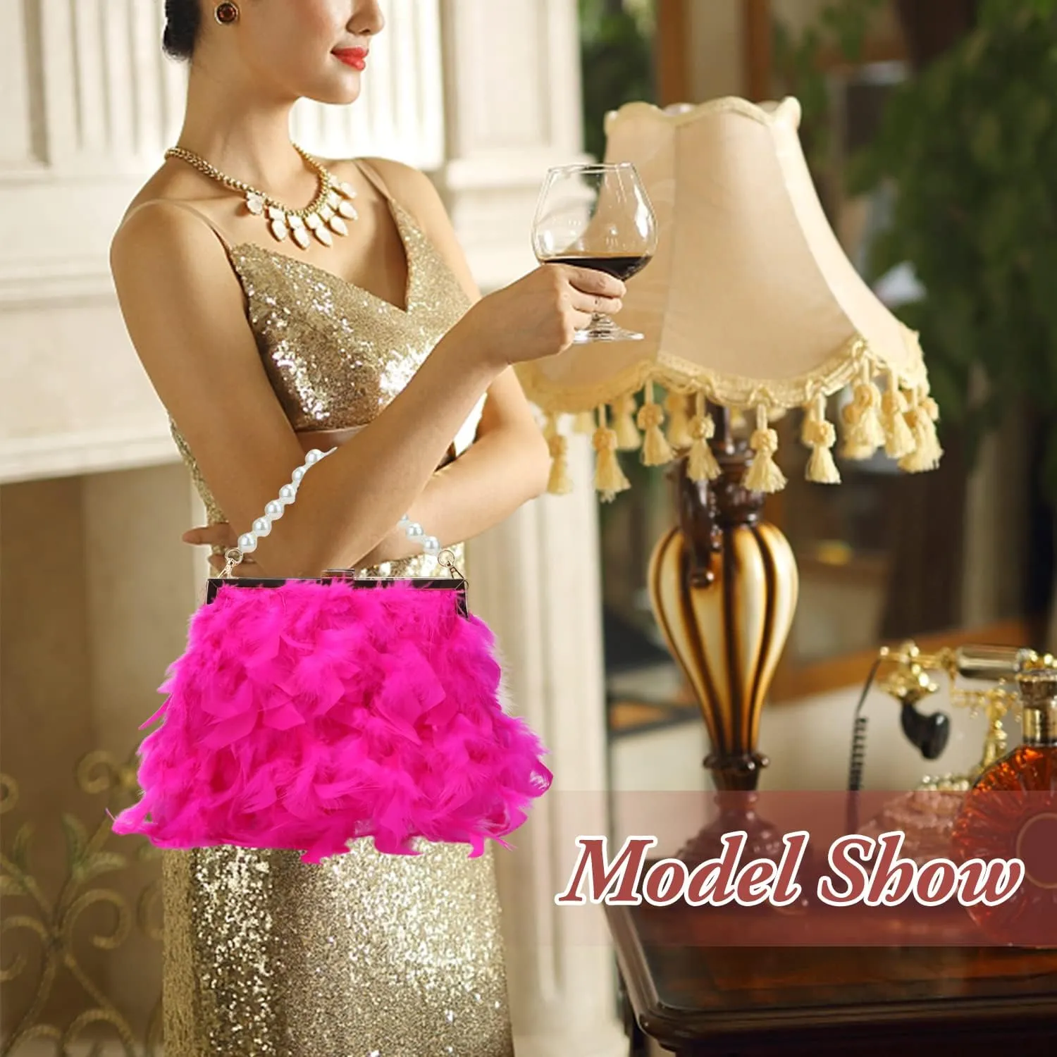 GOKTOW Feather Clutches Purses for Women Bag，Pearl Fluffy Evening Handbags for Wedding Anniversary Party