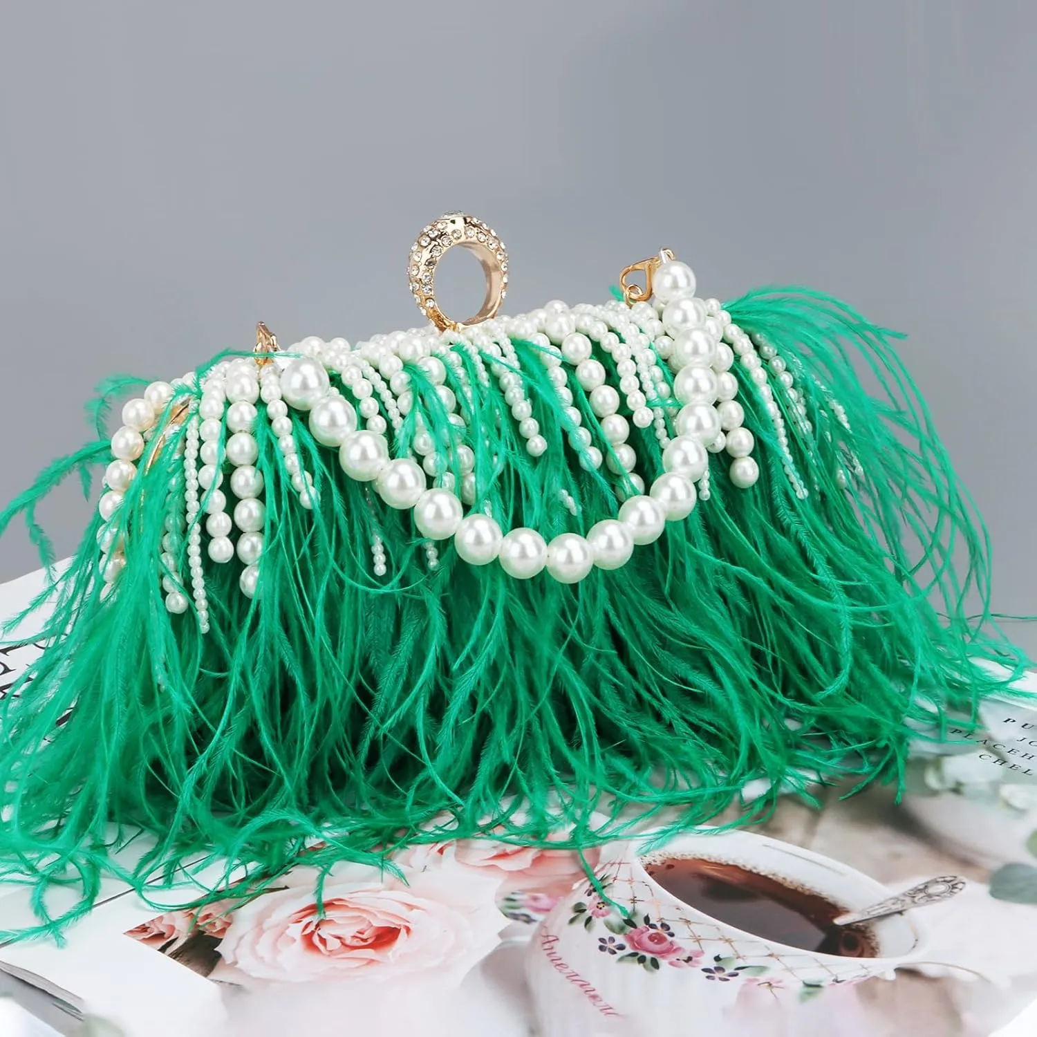GOKTOW Feather Clutches Purses for Women Bag，Pearl Fluffy Evening Handbags for Wedding Anniversary Party