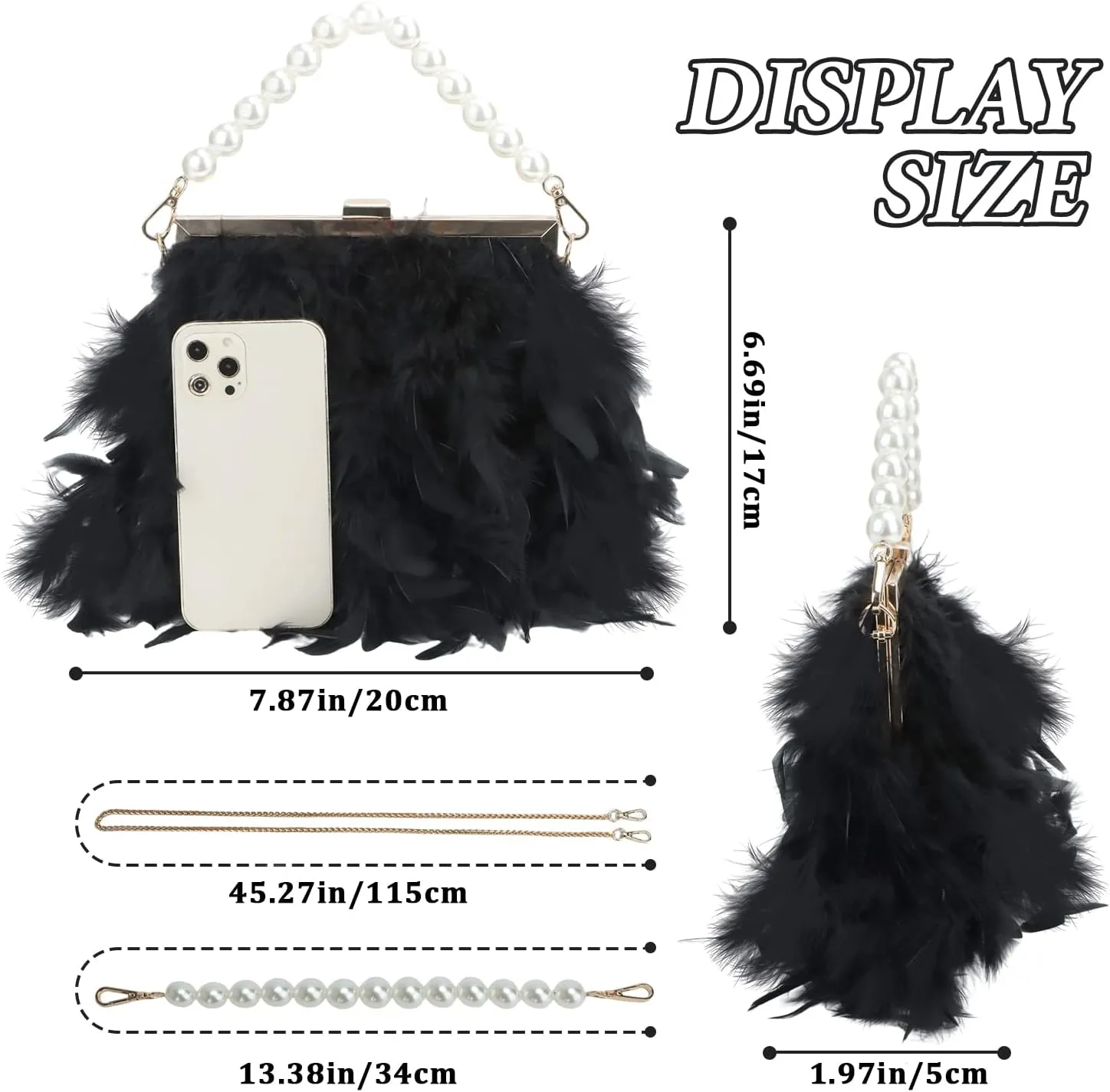 GOKTOW Feather Clutches Purses for Women Bag，Pearl Fluffy Evening Handbags for Wedding Anniversary Party