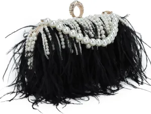 GOKTOW Feather Clutches Purses for Women Bag，Pearl Fluffy Evening Handbags for Wedding Anniversary Party