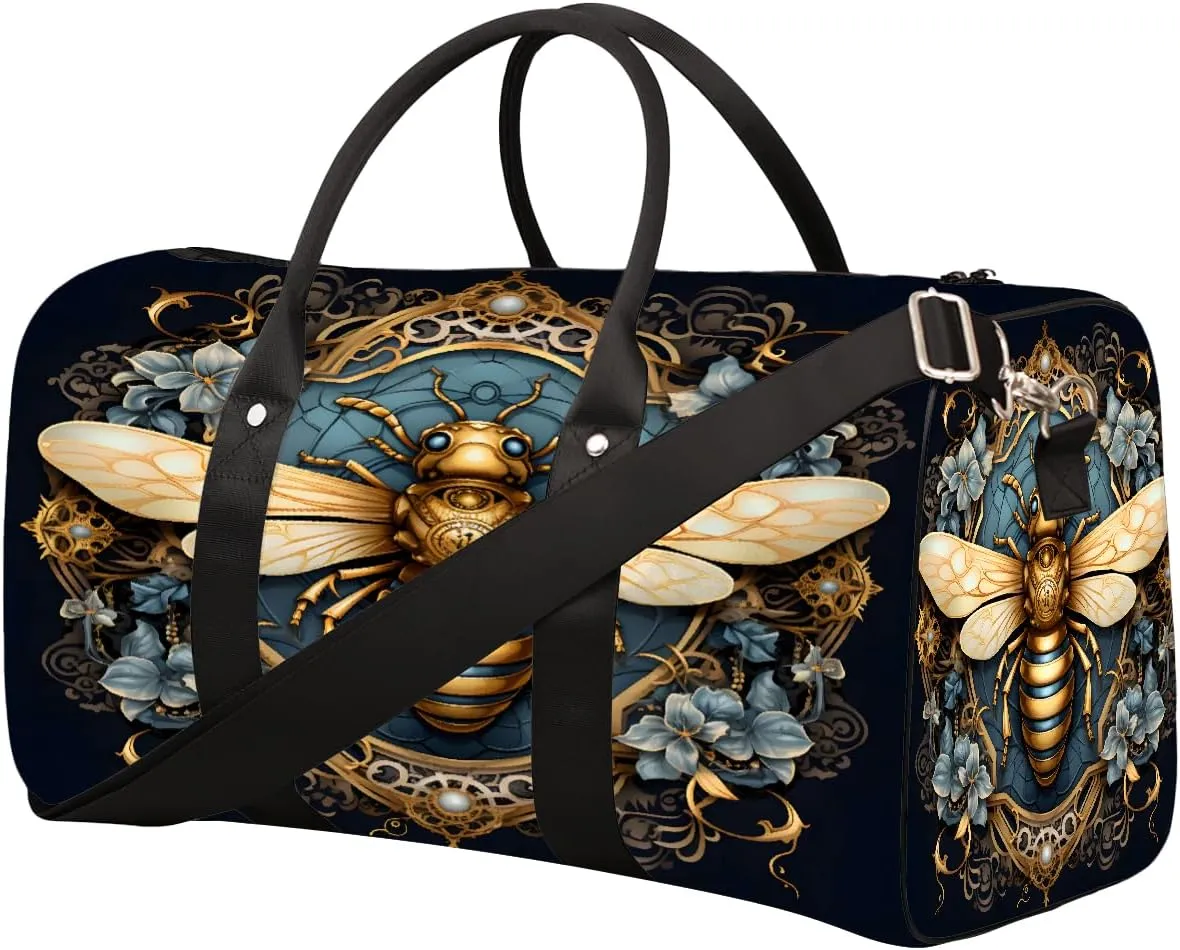 Golden Abstract Bee Travel Duffel Bag for Women Men Small Sport Gym Bag Waterproof Weekender Overnight Lightweight Carry on Foldable Gym Bag for Training Swim Yoga Traveling Handbag