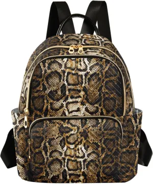 Golden Snake Skin Brown Backpack Purse for Women Girls Fashion Ladies Small Back Pack Purse for Hiking Traveling College M