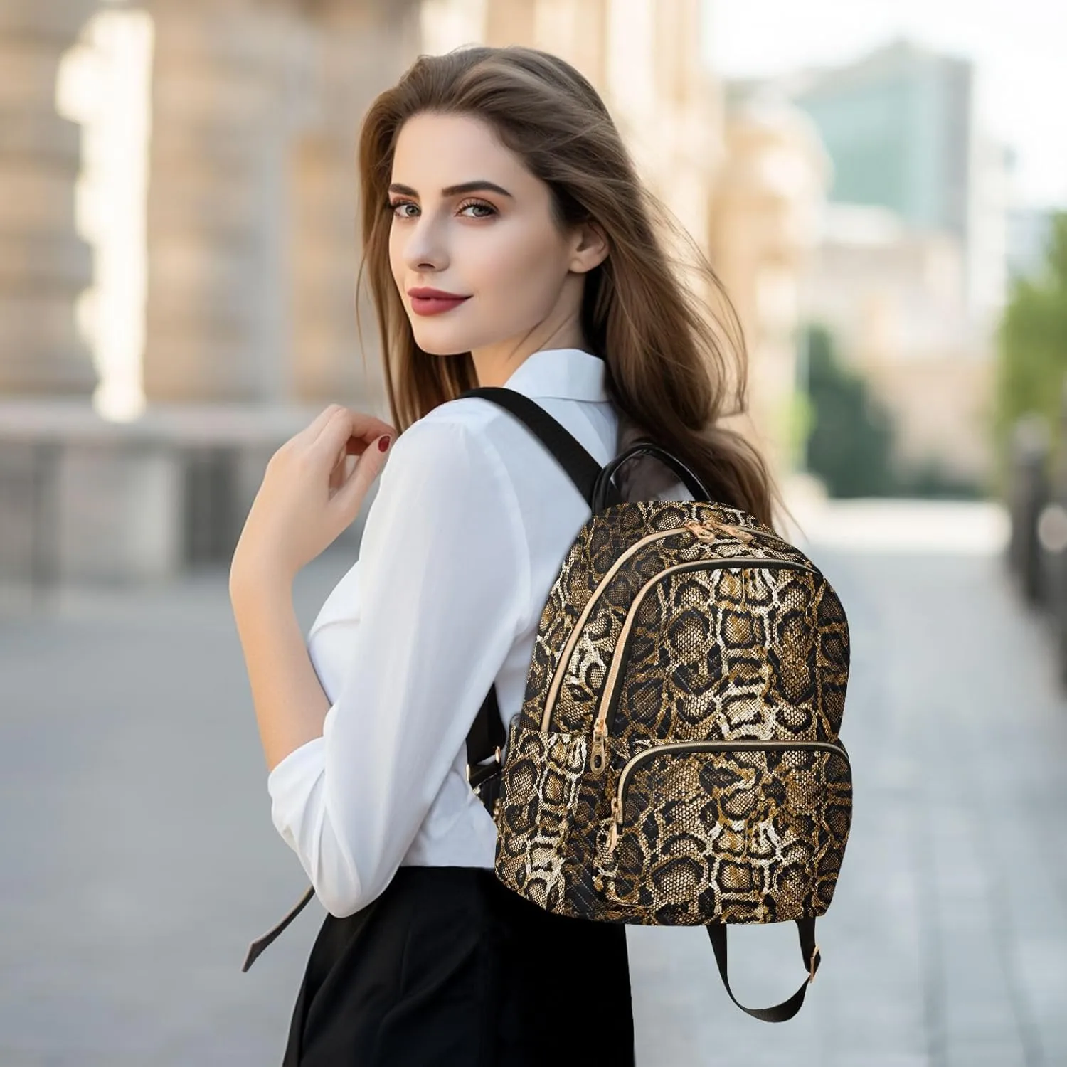 Golden Snake Skin Brown Backpack Purse for Women Girls Fashion Ladies Small Back Pack Purse for Hiking Traveling College M
