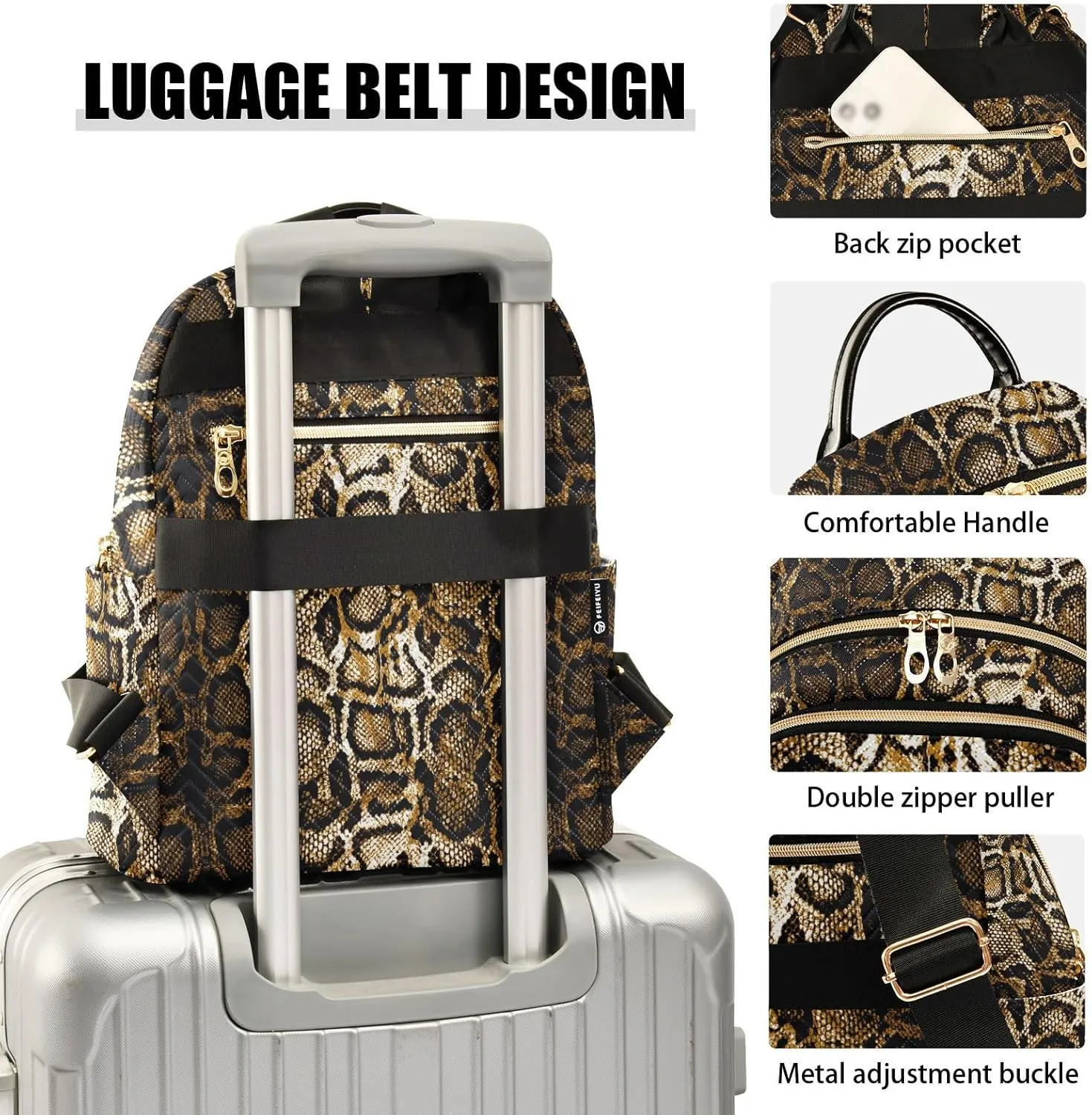 Golden Snake Skin Brown Backpack Purse for Women Girls Fashion Ladies Small Back Pack Purse for Hiking Traveling College M