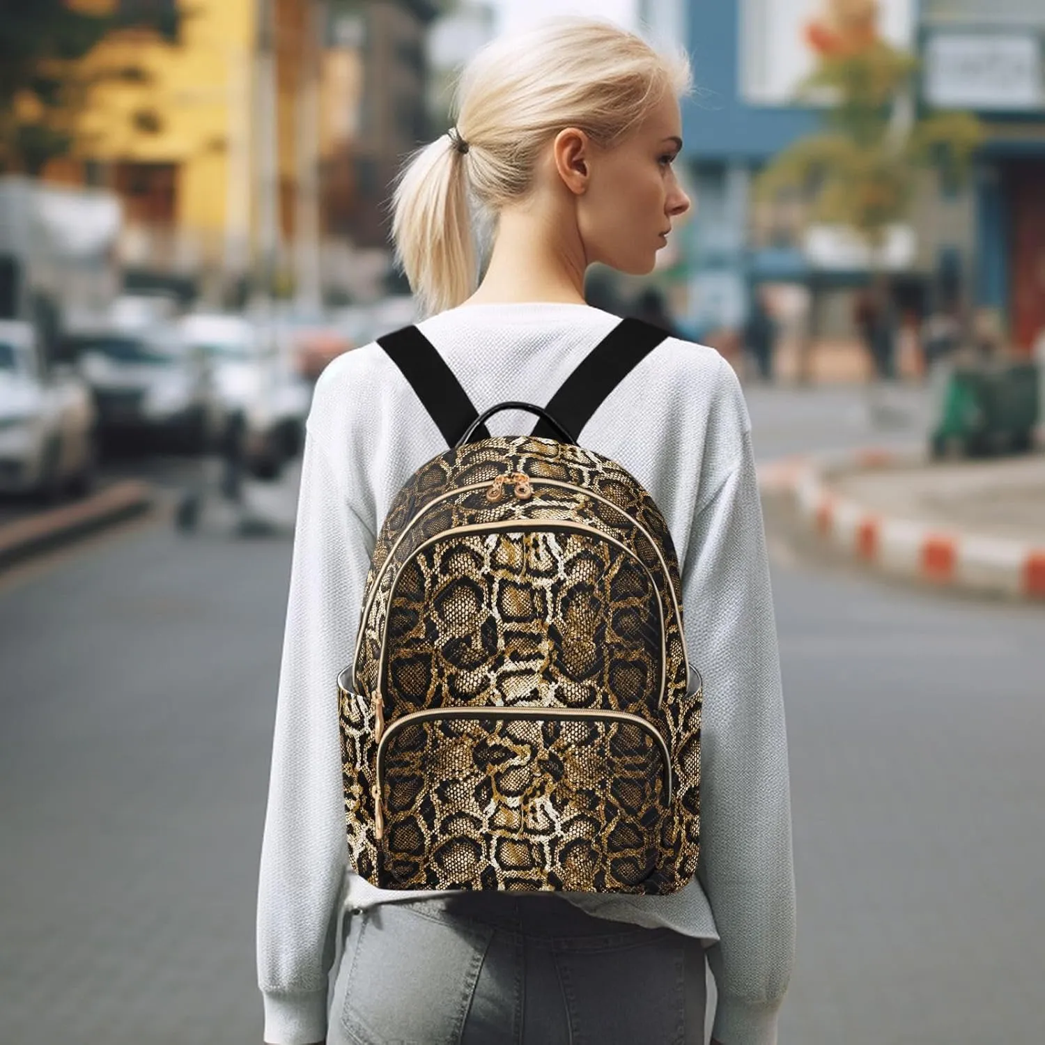 Golden Snake Skin Brown Backpack Purse for Women Girls Fashion Ladies Small Back Pack Purse for Hiking Traveling College M