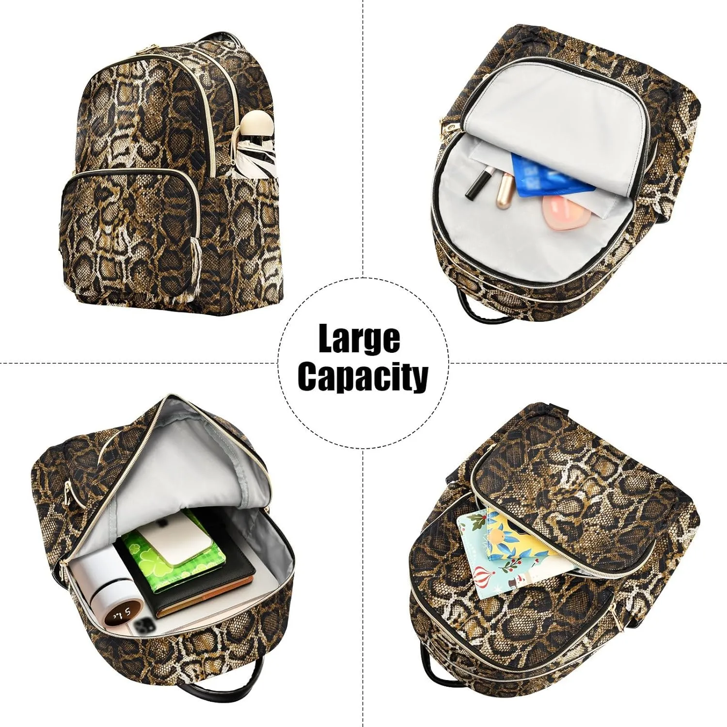 Golden Snake Skin Brown Backpack Purse for Women Girls Fashion Ladies Small Back Pack Purse for Hiking Traveling College M