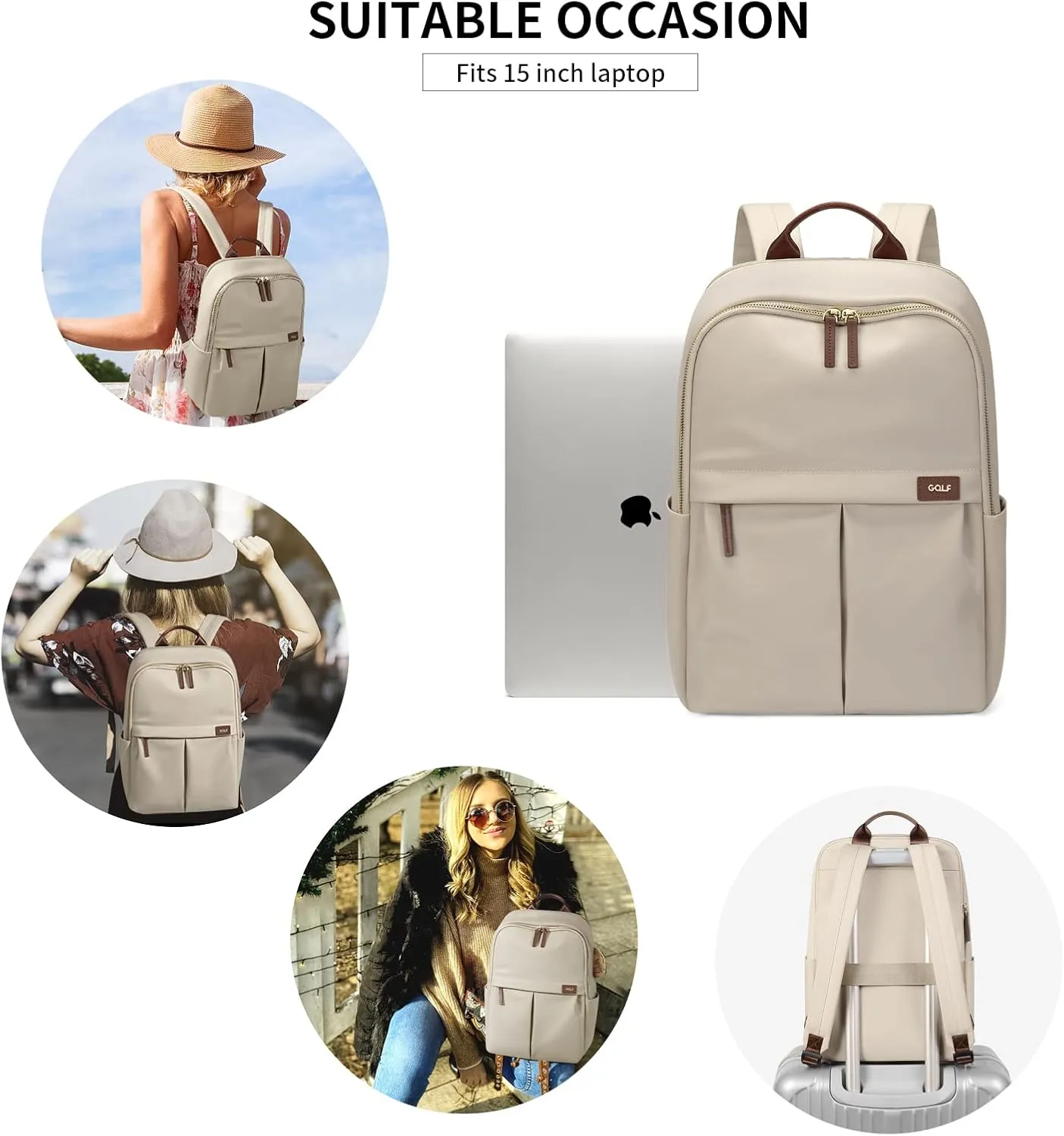 GOLF SUPAGS Laptop Backpack with Separate Laptop Compartment Water Resistant Computer Backpacks Fits 15 Inch Notebook Travel Work Bags for Women (Apricot)