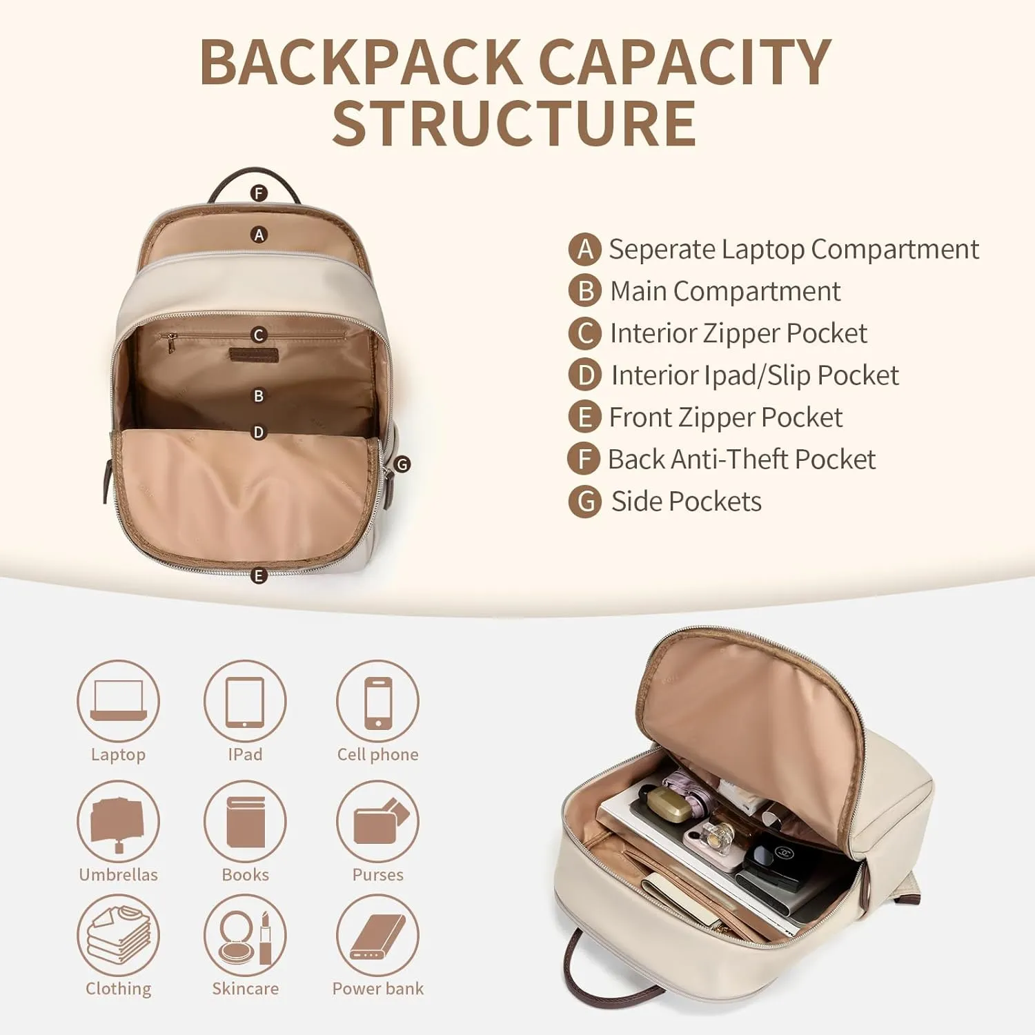 GOLF SUPAGS Womens Laptop Backpack with Separate Laptop Compartment Water Resistant Computer Backpacks Fits 14 Inch Notebook Travel Work College Bags (14-Inch, Apricot)