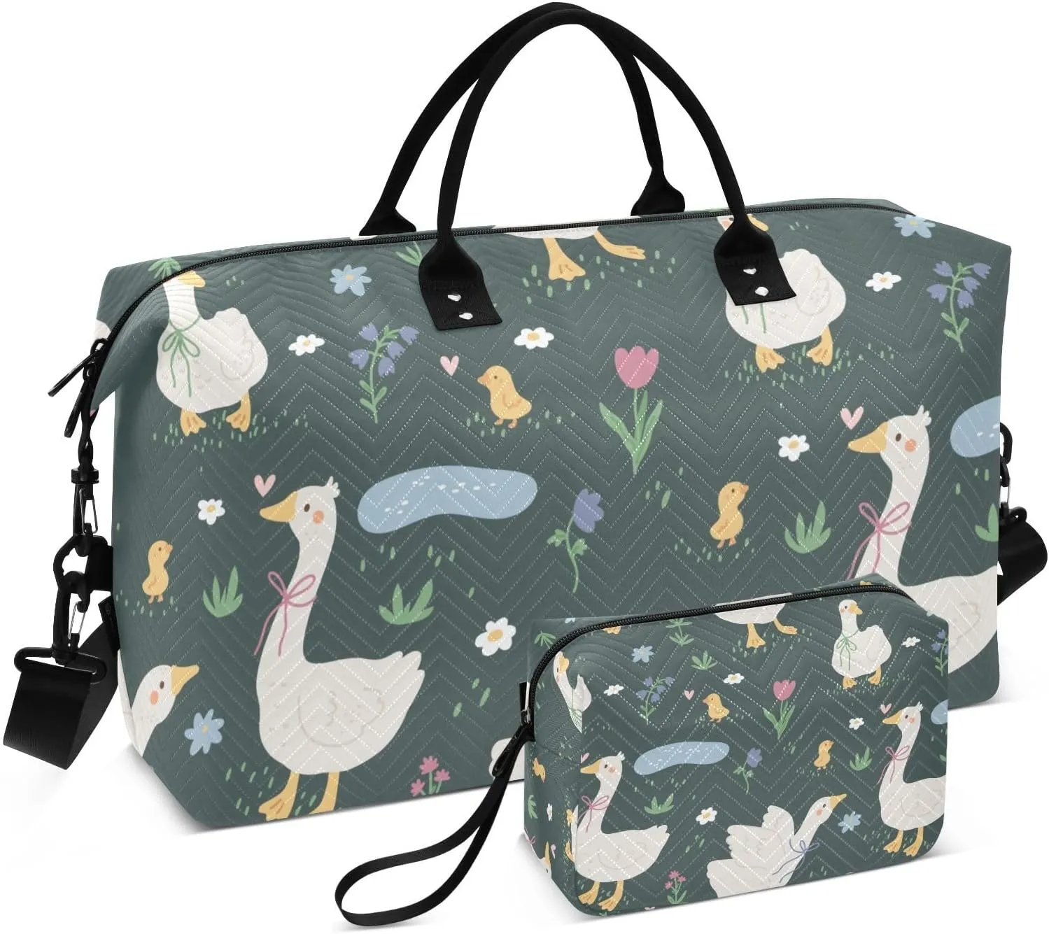 Goose with Flowers Duffel Bag for Gym Yoga Weekender Overnight Quilting Travel Bag Set