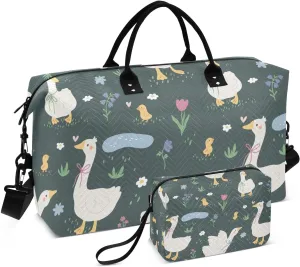 Goose with Flowers Duffel Bag for Gym Yoga Weekender Overnight Quilting Travel Bag Set