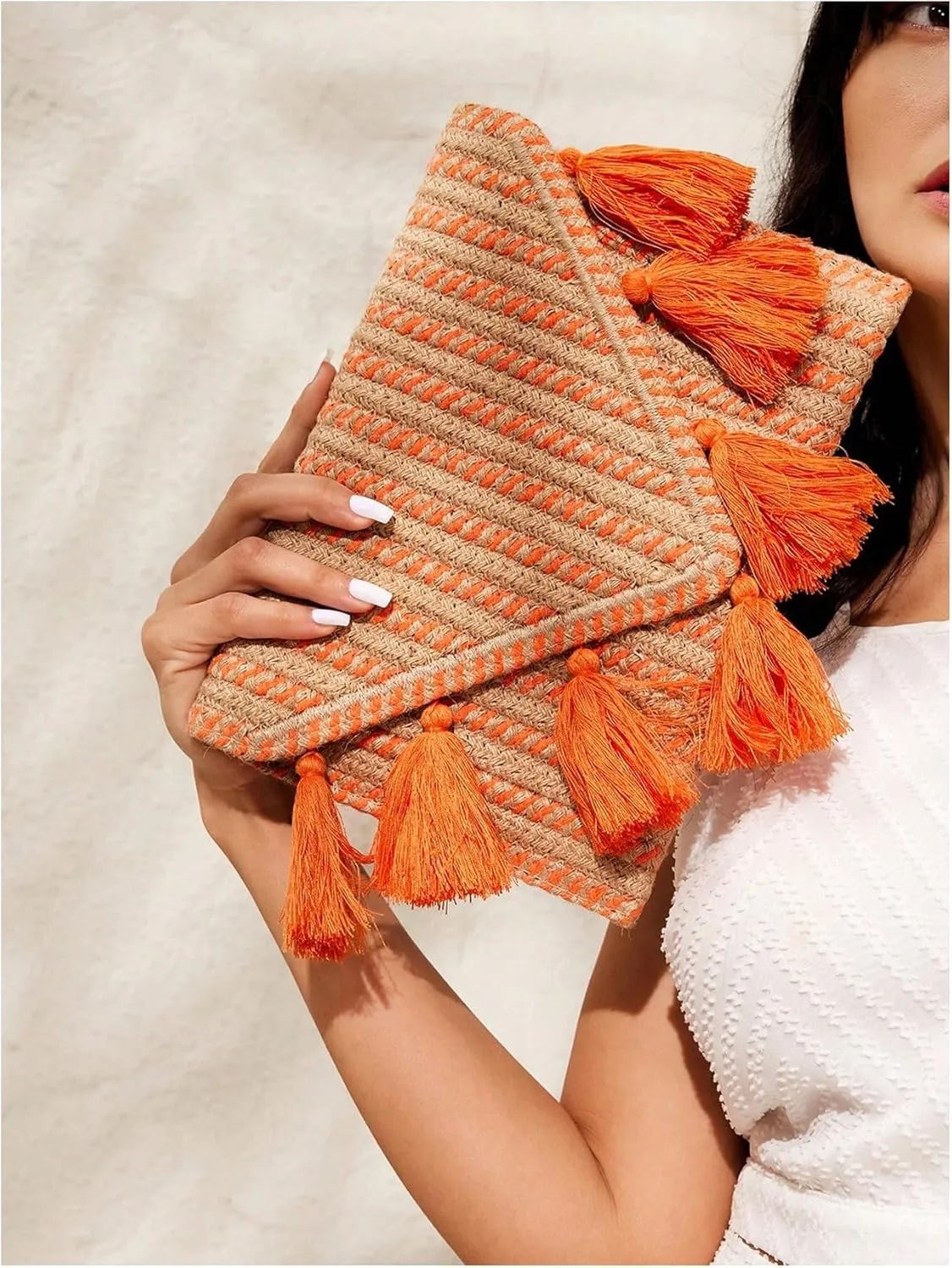 GORGLITTER Women's Bohemian Straw Clutch Handbags Envelope Handbags Purse with Fringe