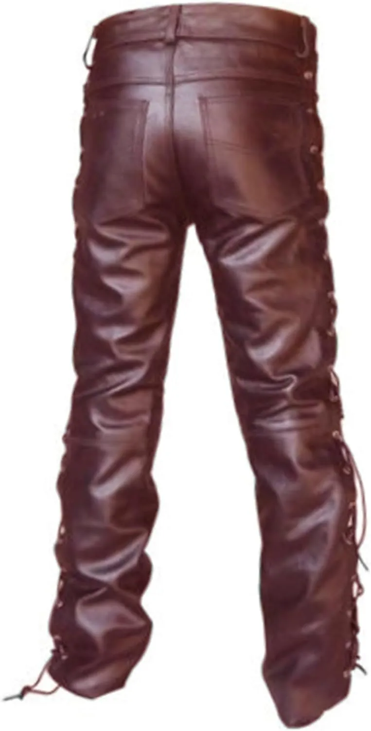 GPCHAN Rock Punk Men's Side Lace up PU Leather Pants Trouser Hip Hop Skinny Motocycle Pants