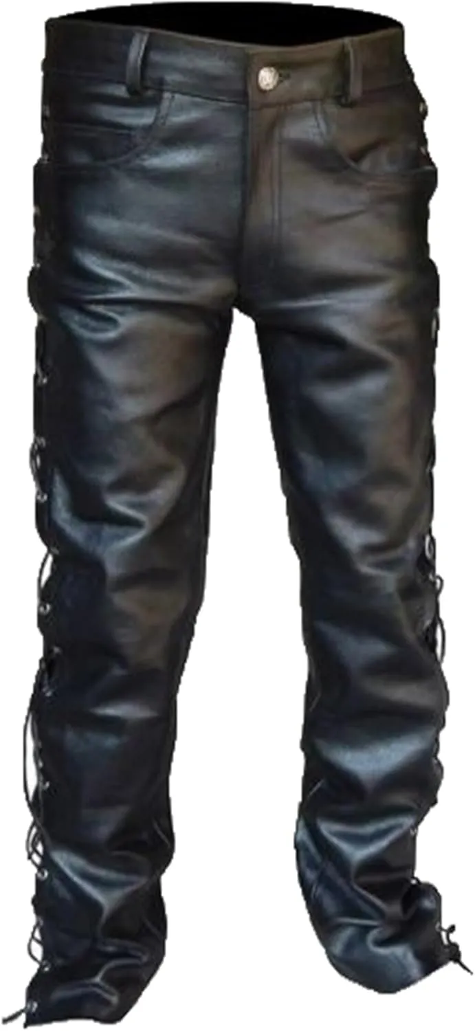 GPCHAN Rock Punk Men's Side Lace up PU Leather Pants Trouser Hip Hop Skinny Motocycle Pants
