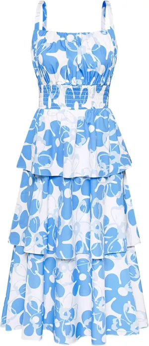 GRACE KARIN Women Summer Maxi Dress Floral Sleeveless Smocked Tiered Ruffle Spaghetti Strap Boho A Line Flowy Beach Sundress