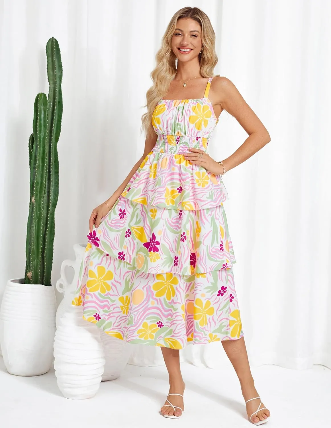 GRACE KARIN Women Summer Maxi Dress Floral Sleeveless Smocked Tiered Ruffle Spaghetti Strap Boho A Line Flowy Beach Sundress