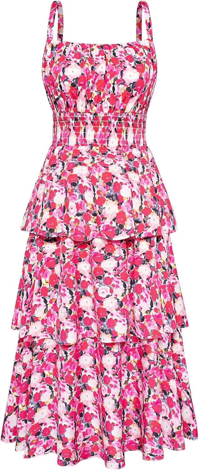 GRACE KARIN Women Summer Maxi Dress Floral Sleeveless Smocked Tiered Ruffle Spaghetti Strap Boho A Line Flowy Beach Sundress