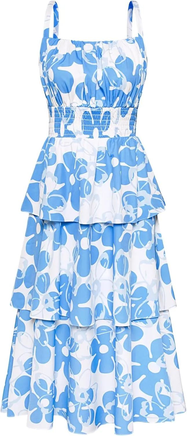 GRACE KARIN Women Summer Maxi Dress Floral Sleeveless Smocked Tiered Ruffle Spaghetti Strap Boho A Line Flowy Beach Sundress