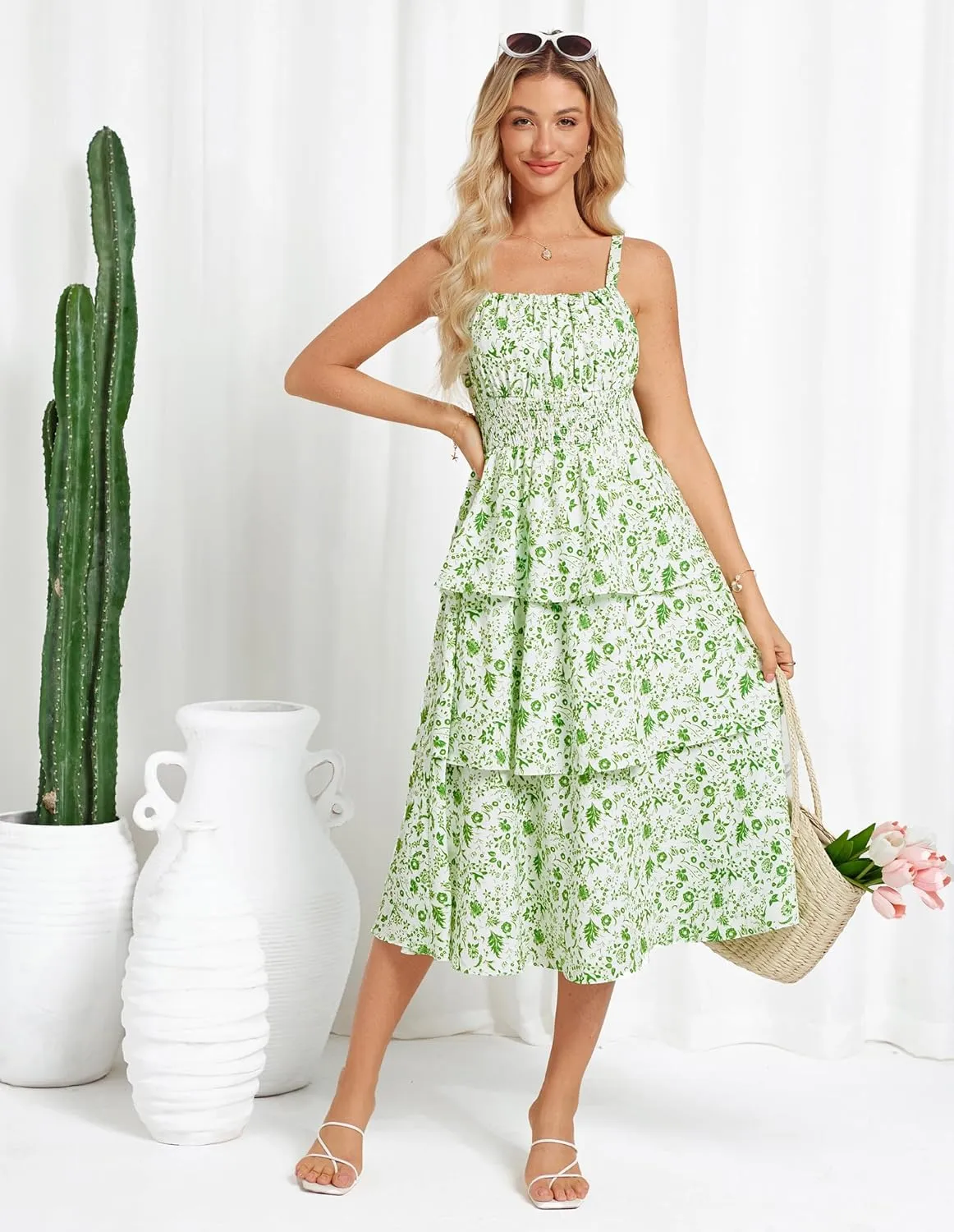 GRACE KARIN Women Summer Maxi Dress Floral Sleeveless Smocked Tiered Ruffle Spaghetti Strap Boho A Line Flowy Beach Sundress