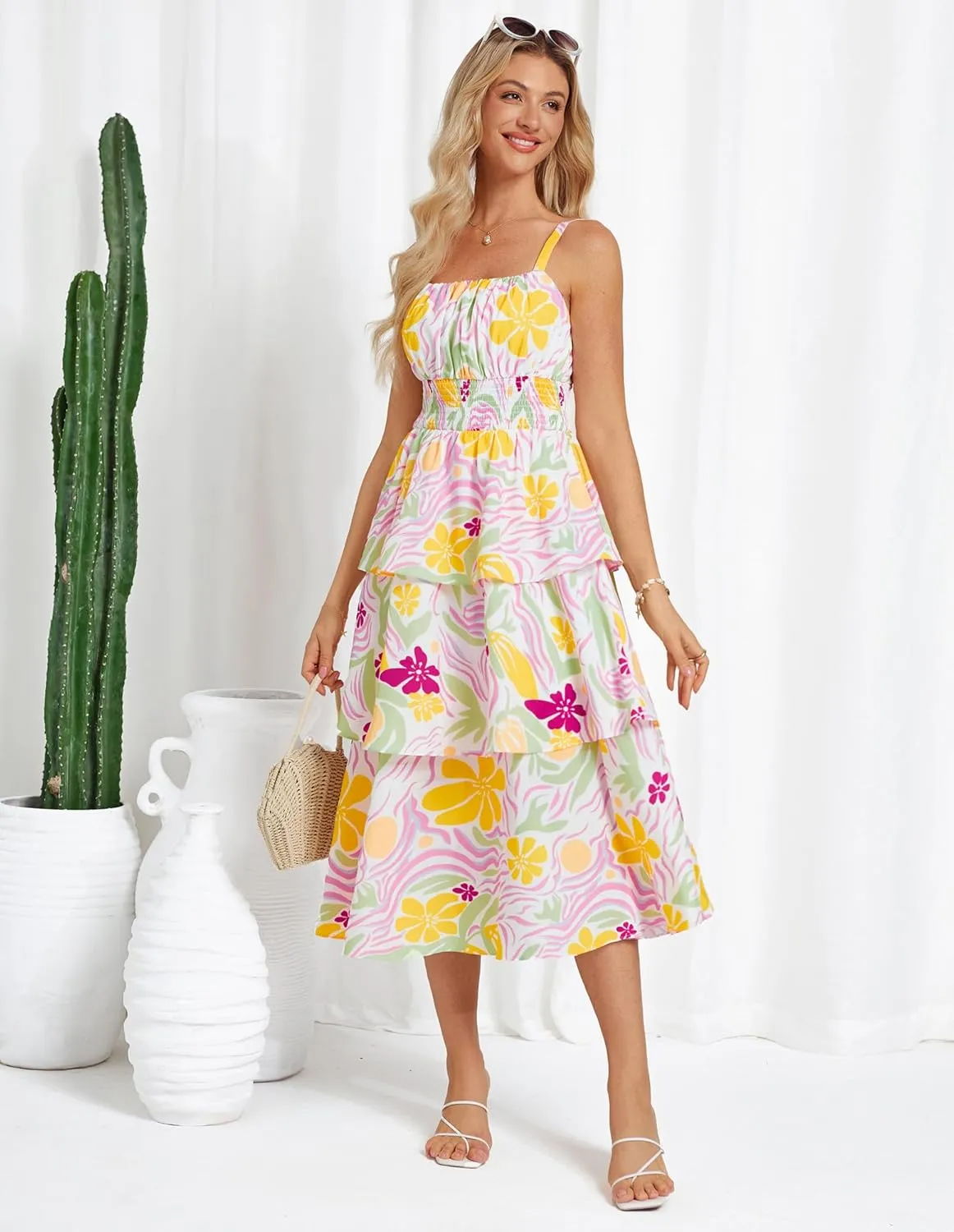 GRACE KARIN Women Summer Maxi Dress Floral Sleeveless Smocked Tiered Ruffle Spaghetti Strap Boho A Line Flowy Beach Sundress
