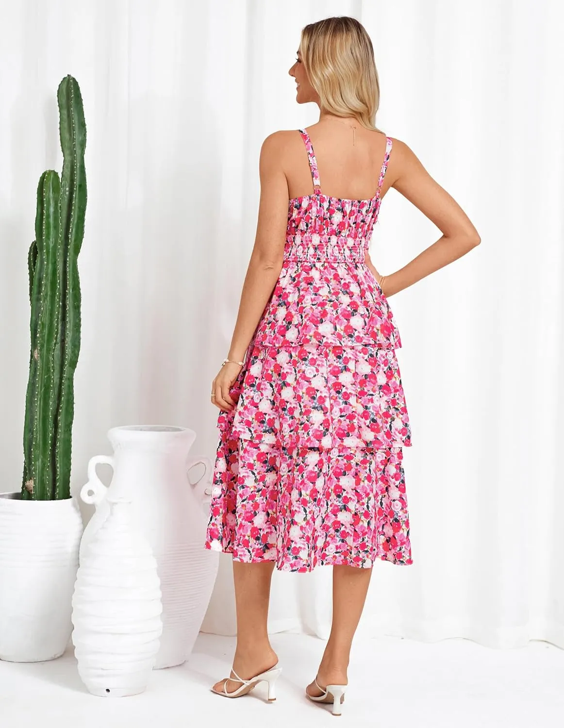 GRACE KARIN Women Summer Maxi Dress Floral Sleeveless Smocked Tiered Ruffle Spaghetti Strap Boho A Line Flowy Beach Sundress