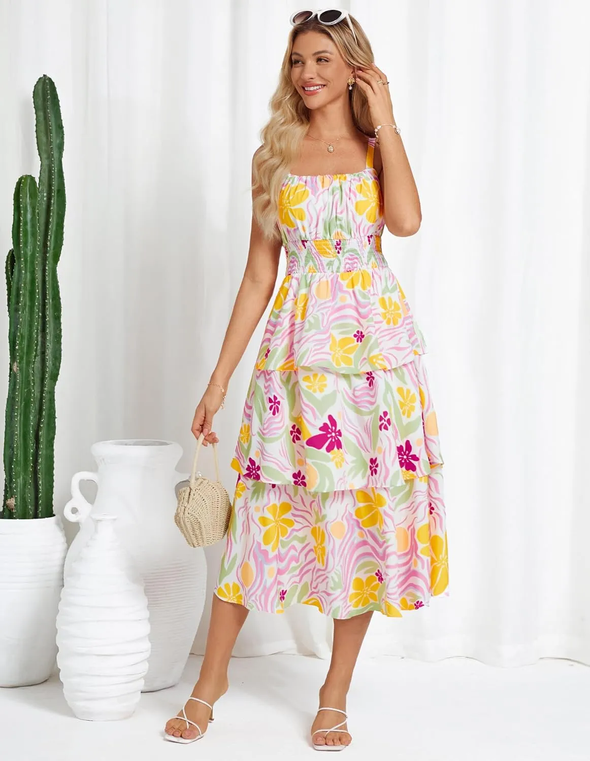 GRACE KARIN Women Summer Maxi Dress Floral Sleeveless Smocked Tiered Ruffle Spaghetti Strap Boho A Line Flowy Beach Sundress